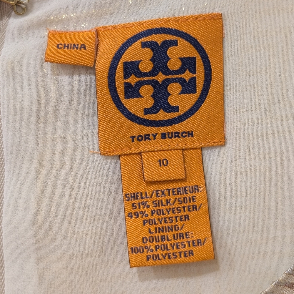 Tory Burch Gold Metallic Silk Sleeveless Beaded Top Size 10 - Picture 5 of 6